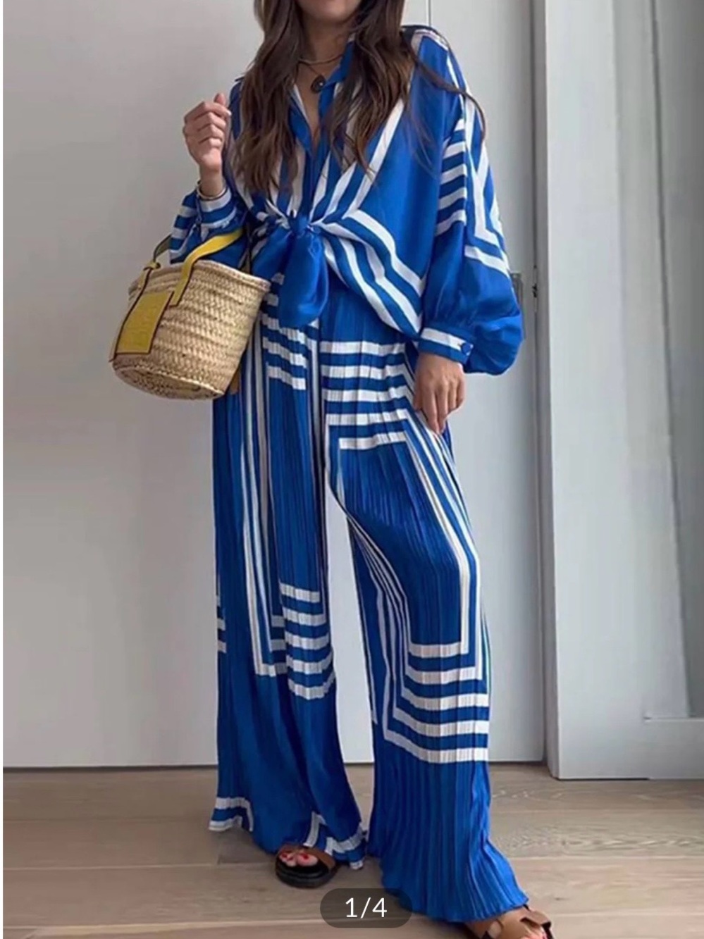 Commense Blue & White Wide-Leg Striped Set Pants - Picture 4 of 5